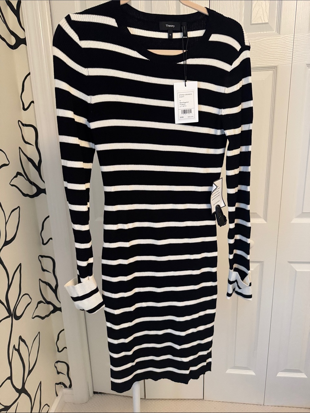 Theory Black and White Striped Long Sleeve Knit Dress